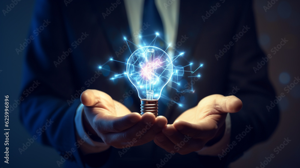 businessman holding light bulb with neon lines coming out of it, artificial intelligence concept. Generative Ai. businessman holding light bulb with neon lines coming out of it, artificial intelligence concept. Generative Ai.