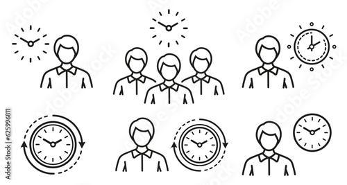 Waiting person and clock, business time management, office work hour schedule, customer service period line icon set. Circle watch. Punctual human. Client meeting planning. Queue in public area vector