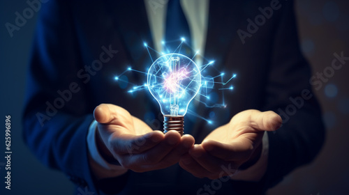 businessman holding light bulb with neon lines coming out of it, artificial intelligence concept. Generative Ai. 