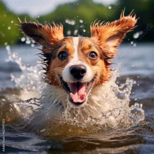 Underwater funny photo  happy dog swimming in water © Lucky Fenix