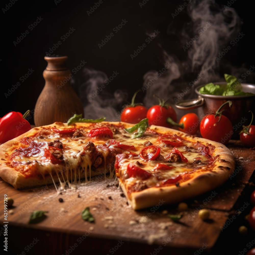 Hot pizza.sliced Pepperoni Pizza with Mozzarella cheese, salami, Tomatoes, pepper, Spices and Fresh Basil. Italian pizza