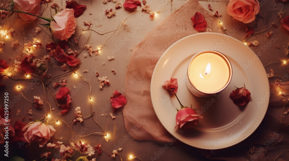 table setting with candles for a romantic dinner. Generative Ai. table setting with candles for a romantic dinner. Generative Ai.