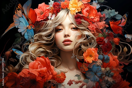 portrait of a beautiful woman in a wreath of flowers, a beautiful dryad. Generated AI