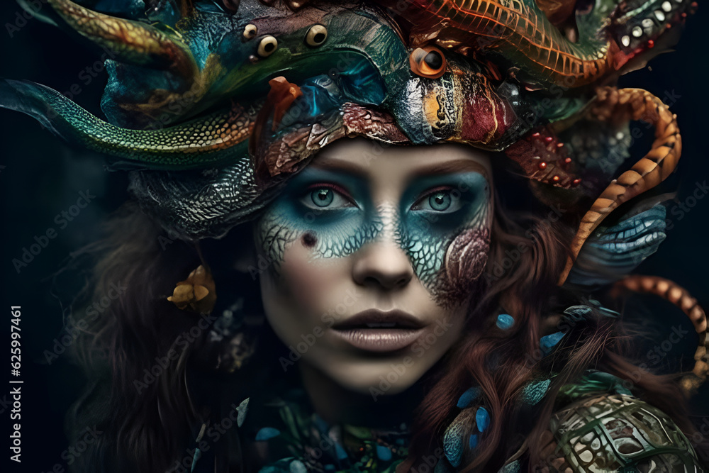 Close-up portrait of a beautiful mermaid with a surreal octopus on her head. generated by AI