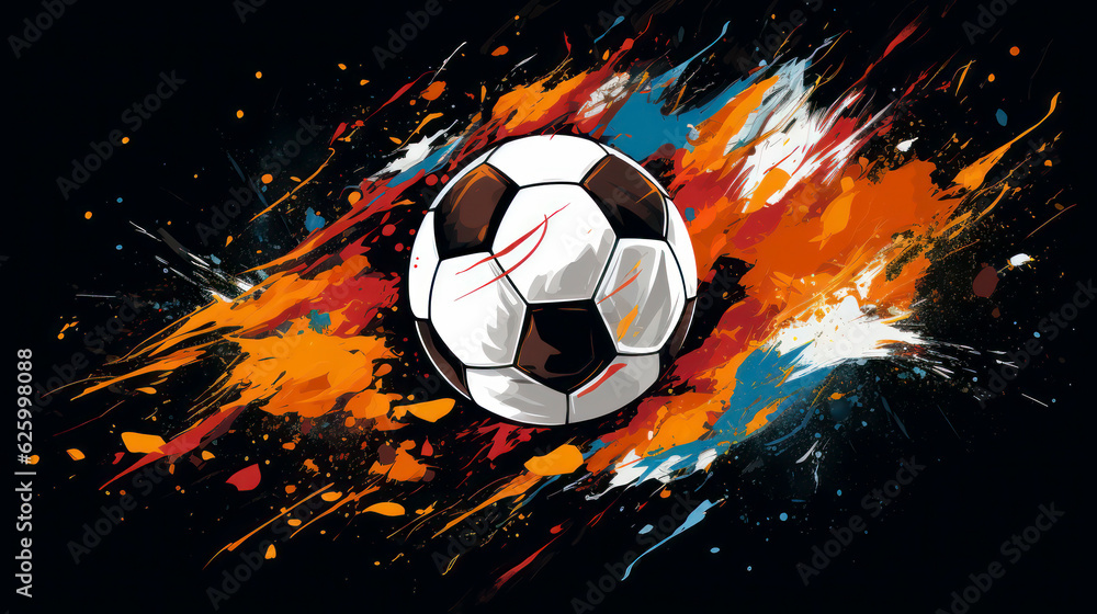 Naklejka premium Soccer ball wih colorful splash on black baskground made with Generativa AI