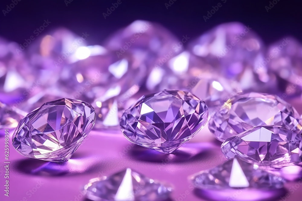 Glittering diamonds on a purple background. Abstract diamonds with sparkle. Round purple gems and jewelry diamond groups. Realistic 3D illustration. Generative AI Glittering diamonds on a purple background. Abstract diamonds with sparkle. Round purple gems and jewelry diamond groups. Realistic 3D illustration. Generative AI