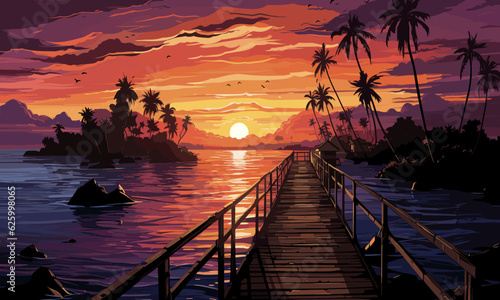 hand drawn flat design with a beautiful sunset landscape vector