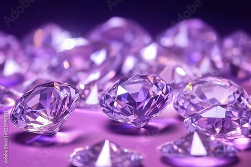 Glittering diamonds on a purple background. Abstract diamonds with sparkle. Round purple gems and jewelry diamond groups. Realistic 3D illustration. Generative AI
