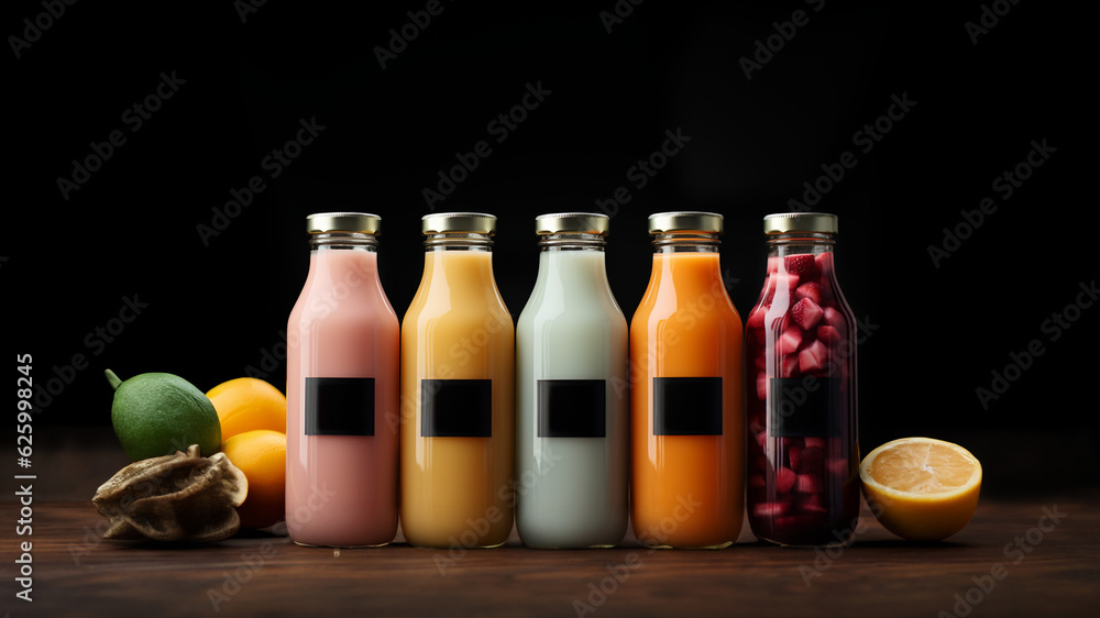 Viele bunte Smoothie Getränke in Flaschen und in Reihe mit früchten dekoriert, ai generativ Viele bunte Smoothie Getränke in Flaschen und in Reihe mit früchten dekoriert, ai generativ
