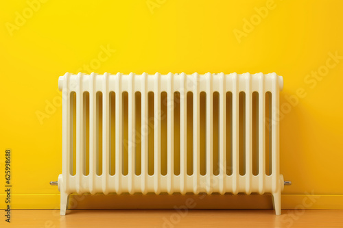 White radiator in front of a yellow wall