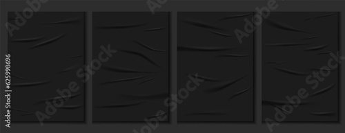Realistic set of black glued wall posters. Glued posters, old adhesive texture mockup. Blank sheets creased effect. Blank pages with wrinkles, realistic 3d set