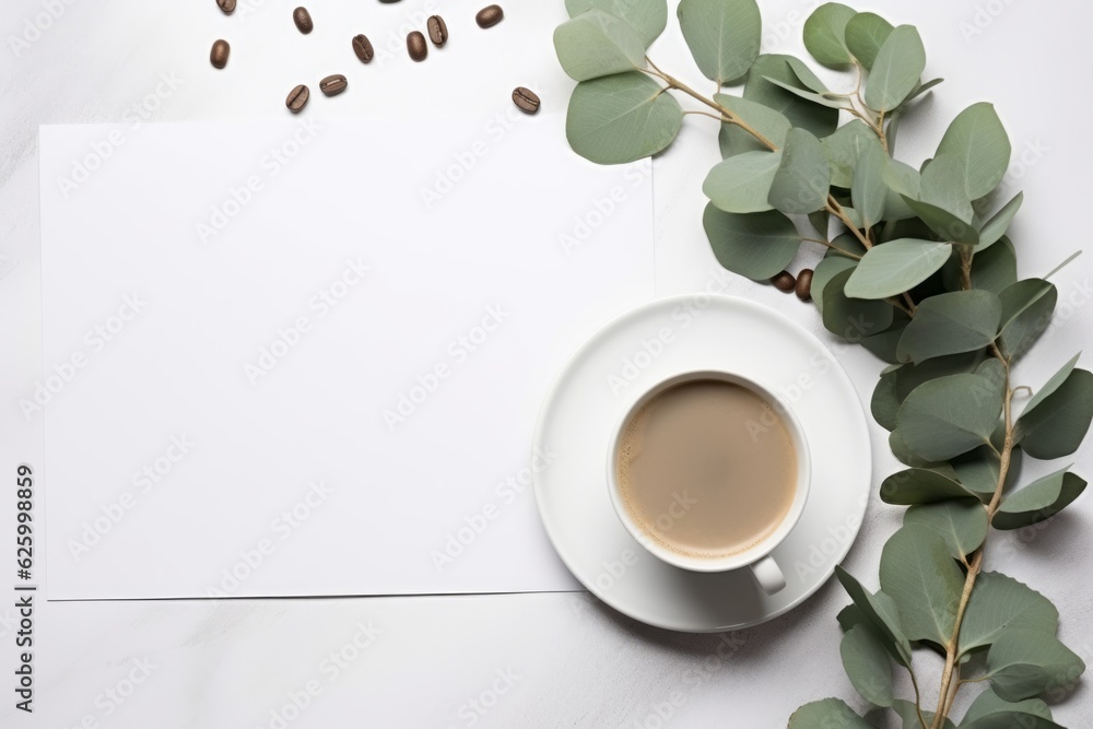 eucalyptus cups and leaves with a cup of coffee on white background mockup, in the style of unprimed canvas, muted and subtle tones eucalyptus cups and leaves with a cup of coffee on white background mockup, in the style of unprimed canvas, muted and subtle tones