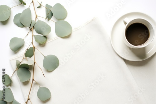 eucalyptus cups and leaves with a cup of coffee on white background mockup, in the style of unprimed canvas, muted and subtle tones photo