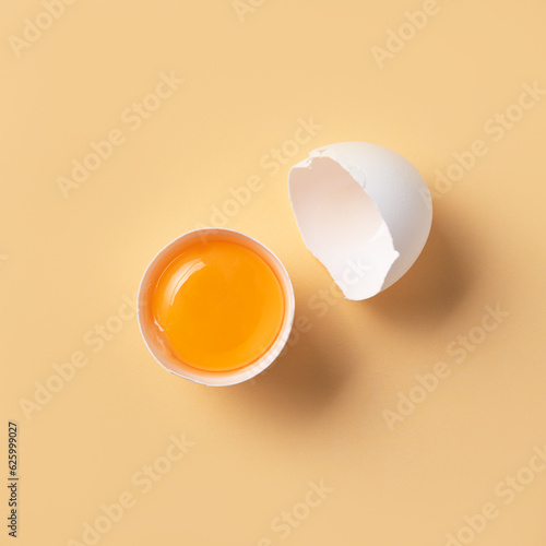 Broken egg into two halves with yolk and shell on a yellow background. Conceptual product mockup for design. photo