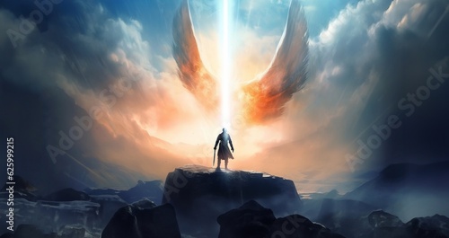 An angel with a battle sword in his hand descends from heaven to earth through the clouds, the weapon glowing with a bright neon light. Generative AI.