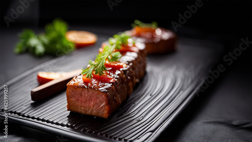 Photo sliced steak served on fine dining food photography