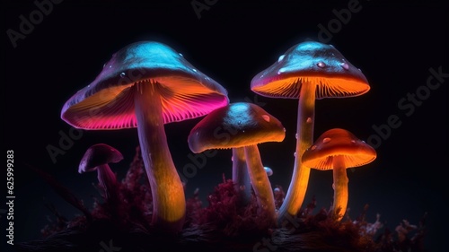 Neon mushrooms on a dark background. Generative AI.