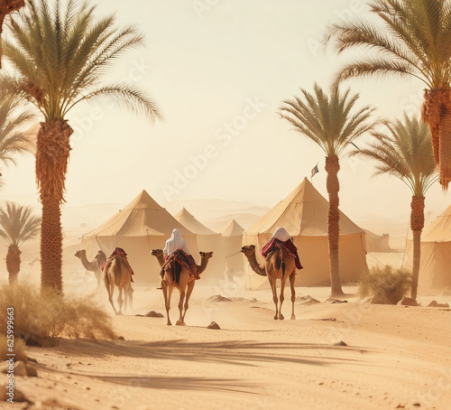 Arab nomads in the sunny desert   Created with Generative AI technology