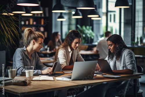 Group of Diverse Creative Team Members Using Laptops in an active Contemporary Office. Young Female Media Relations Manager Working on Brand Innovation Strategy and Collaborating with Colleagues. High