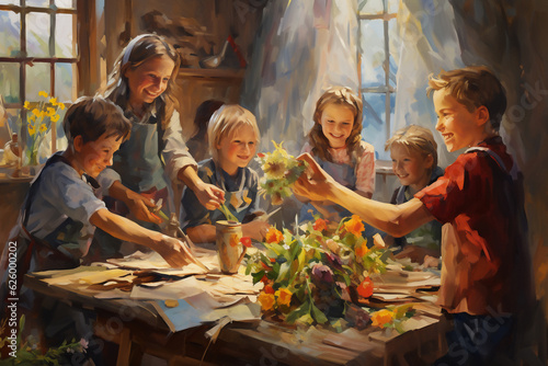 A happy group of boys and girls are painting beautifully with their hands at a crowded home on a large painting
