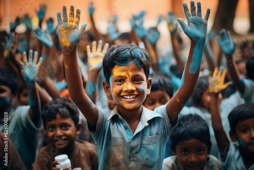 A happy boy is painting childly with their hands at a crowded school with painted faces and hands