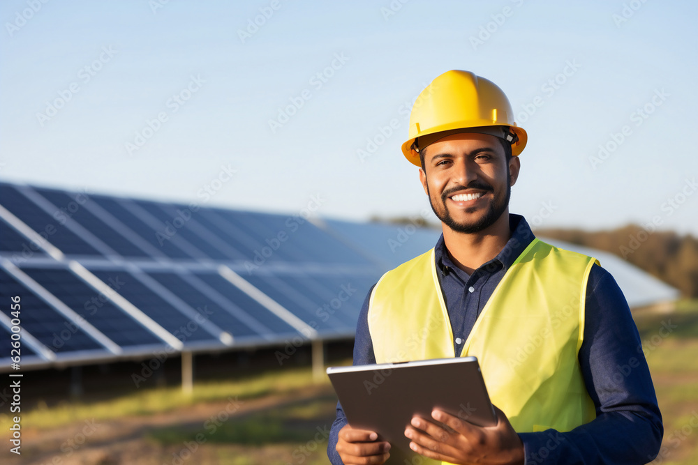 A male latin engineer with a yellow helmet are standing and looking at the camera enthusiastic with ipad without logo in a solar panel clean park ; renewable energy concept