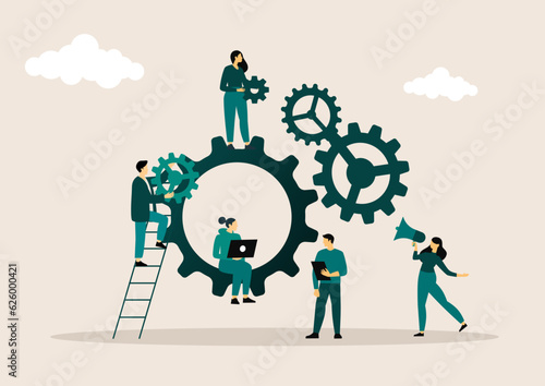 Vector creative illustration of business graphics, the company is engaged in the joint construction of column graphs, the rise of the career to success, flat color icons, business analysis.