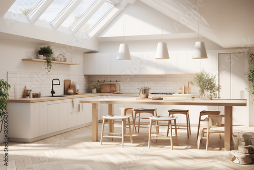 A scandinavian soft white kitchen is lit with sun beams coming in from the left without people present