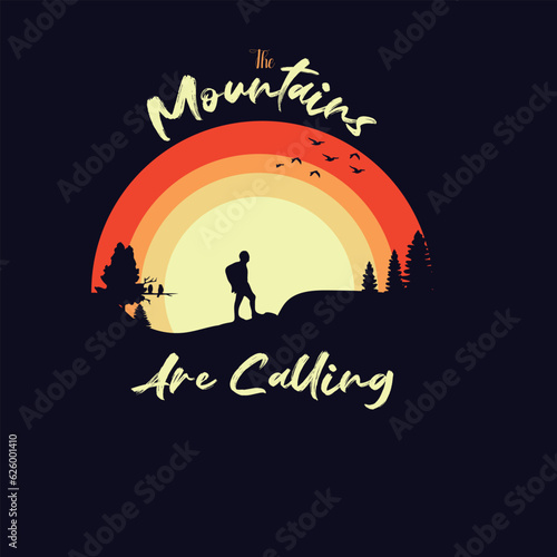 Mountain Tshirt deign in background sunset in rainbow style. © Md