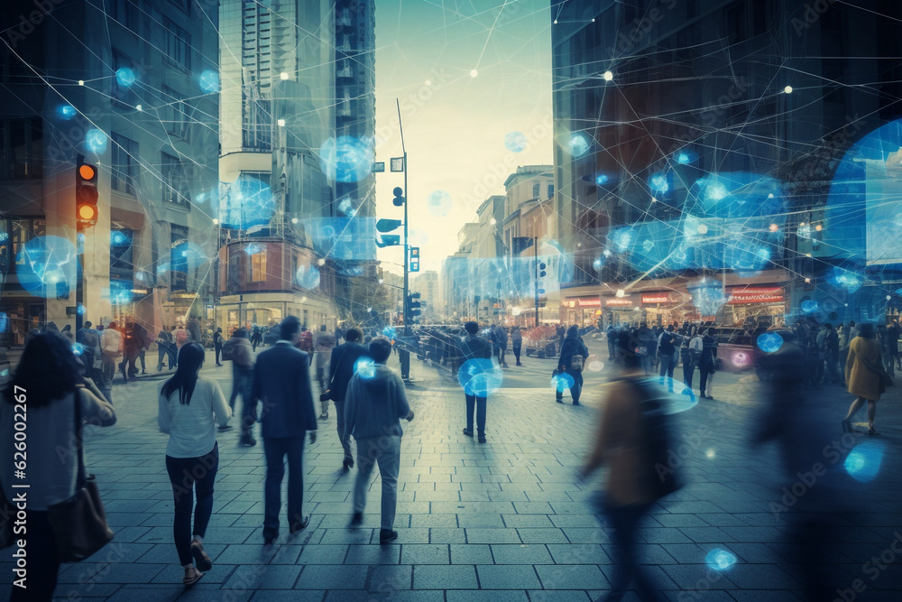 Elevated Security Camera Surveillance Footage of a Crowd of People Walking on Busy Urban City Streets. CCTV AI Facial Recognition Big Data Analysis Interface Scanning, Showing Private Information