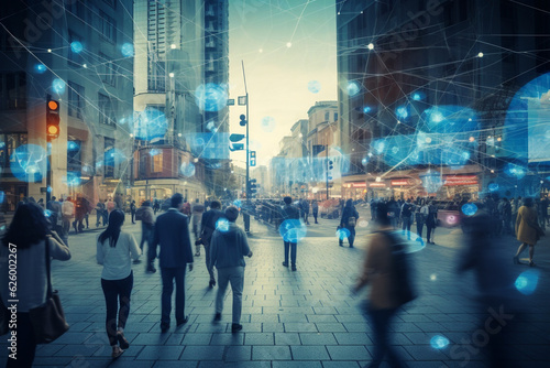 Elevated Security Camera Surveillance Footage of a Crowd of People Walking on Busy Urban City Streets. CCTV AI Facial Recognition Big Data Analysis Interface Scanning, Showing Private Information