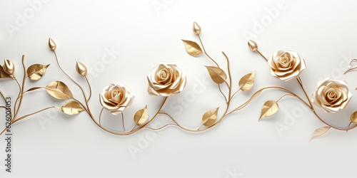Fototapeta Naklejka Na Ścianę i Meble -  gold rose buds, 3d white vines, 3d gold stems, white background