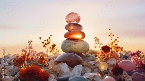 Stacking of gemstones surround by multiple flowers