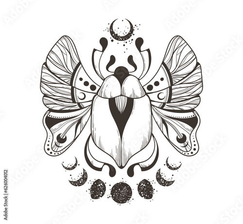 Mystical celestial scarab beetle and moon phases clipart in black color, magic space insect and crescent silhouettes in vector, unreal hand drawn bug isolated element for t-shirt or card print