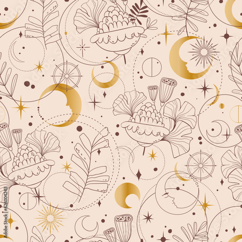 Mystic celestial seamless pattern - magic flowers, moon and stars in monochrome, esoteric vector reapiting motives on background for wrapping, textile