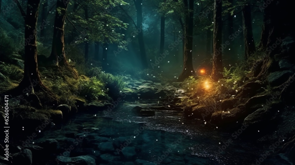 Forest scene at night into digital art