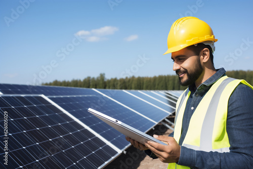 A male latin engineer with a yellow helmet are checking on solar panels enthusiastic with ipad without logo in a solar panel clean park ; renewable energy concept
