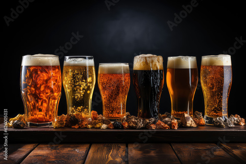 Foto A composition of glasses full of different types of beer, standing in a row