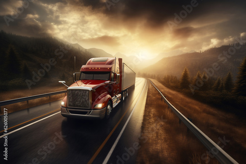 A red large truck with two trailers are driving fast with a blurry environment on a unoccupied highway surrounded by nature