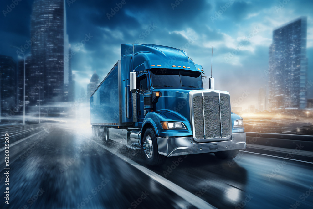 A blue large truck is driving fast with a normal speed on a unoccupied highway surrounded by cities