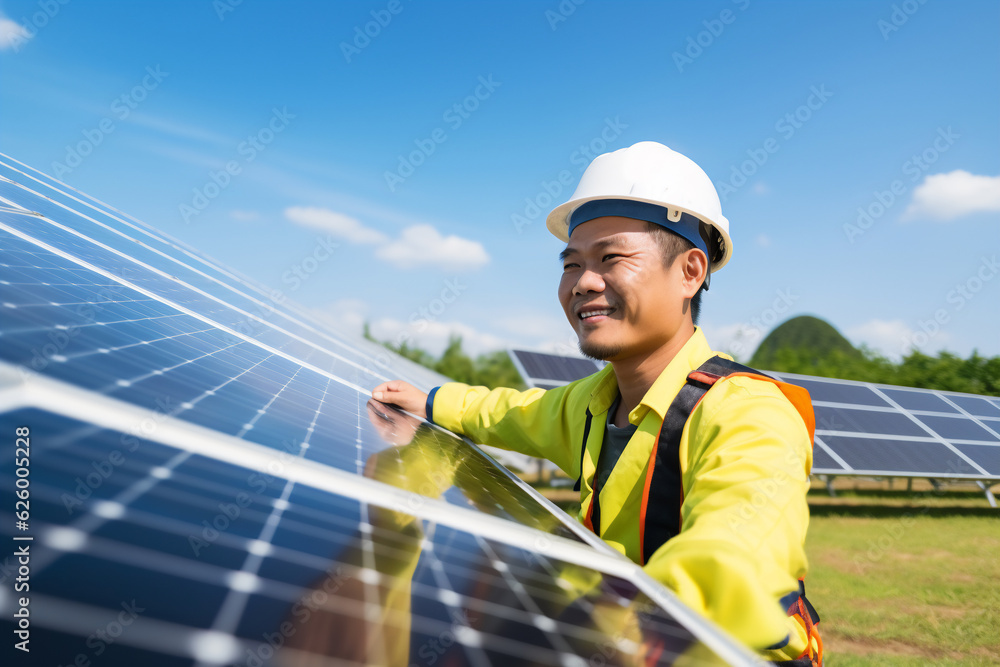 A male asian engineer with a yellow helmet are checking on solar panels enthusiastic in a solar panel clean park ; renewable energy concept A male asian engineer with a yellow helmet are checking on solar panels enthusiastic in a solar panel clean park ; renewable energy concept