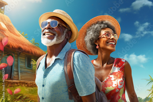An aged african american elder an his wife are travelling happy with holiday clothing on a nature vibrant trip on vacation while retired