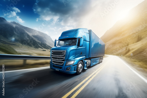A blue large truck is driving fast with a normal speed on a busy highway surrounded by nature