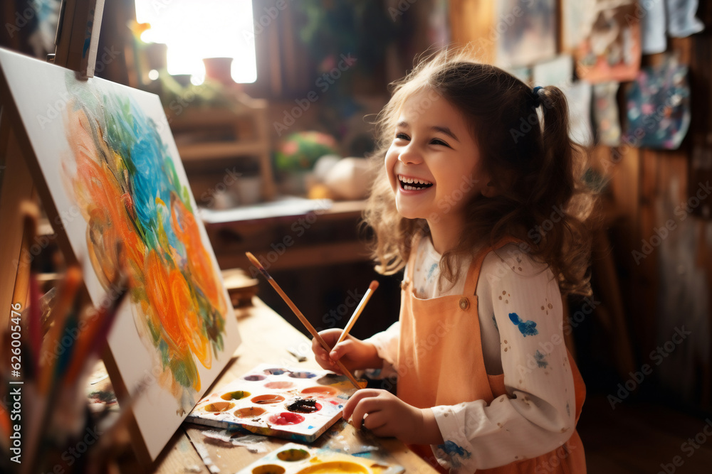 Fototapeta premium A happy girl is painting childly with a painting brush at rustic school on a large painting
