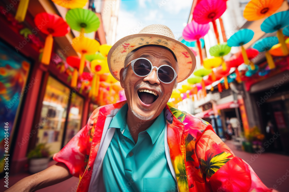 A retired asian senior is travelling cheerful with holiday clothing in a vibrant city on vacation while retired A retired asian senior is travelling cheerful with holiday clothing in a vibrant city on vacation while retired