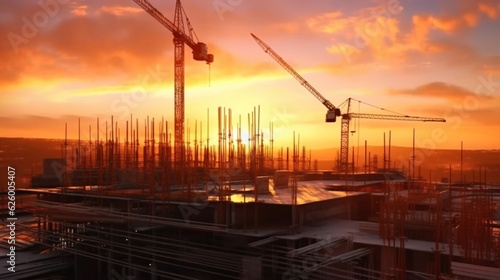 Panoramic view of a construction site at sunset