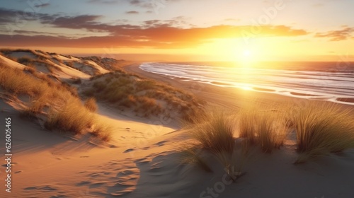 Panoramic view of a dune beach at sunset