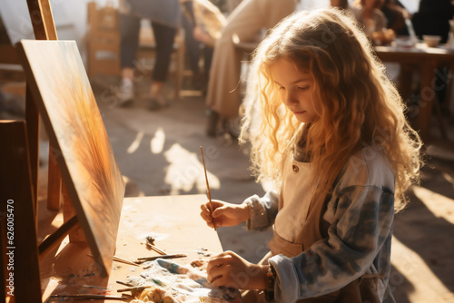 A playfull girl is painting beautifully with a painting brush at rustic school on a large painting photo