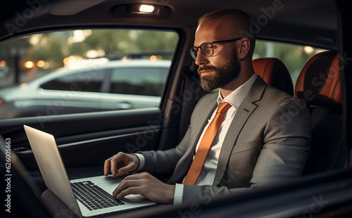 An adult caucasian business-man is working concentrated with computer without logo in the backseat of a expensive modern car while looking at the screen © pangamedia