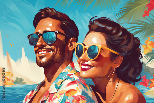 A holiday happy couple is smiling sunglasses next to the pool ; a tropical background or banner